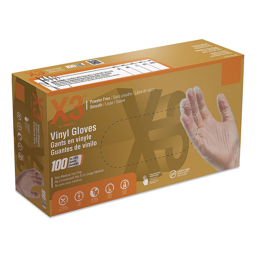 X3 by AMMEX Industrial Vinyl Gloves, Powder-Free, Large, 3 mil Thick, 9.5" Long, Clear, 100/Box (GPX346100)