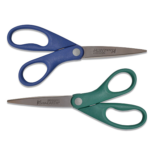 Westcott KleenEarth Rice Husk Scissors, Pointed Tip, 8" Long, Straight Blue/Green Handle, 2/Pack (14882036)