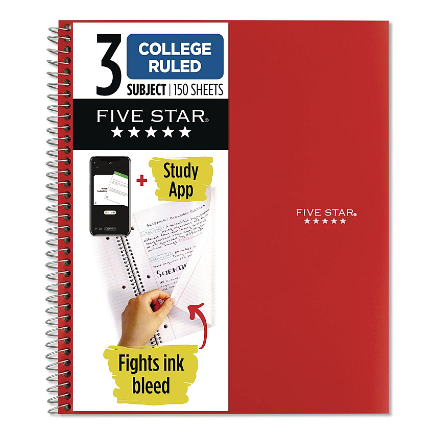 Five Star Wirebound Notebook, 3-Subject, Medium/College Rule, Fire Red Cover, (150) 11 x 8.5 Sheets (72065)