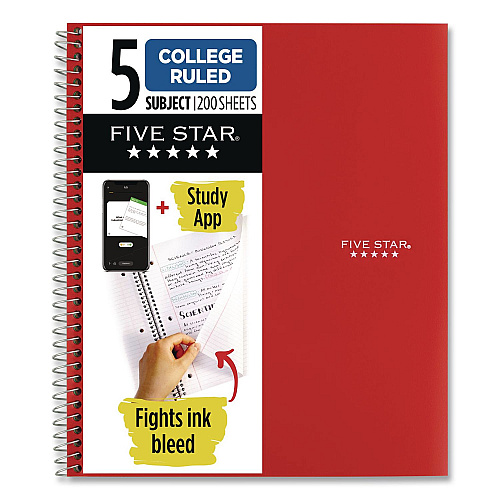 Five Star Wirebound Notebook, 5-Subject, Medium/College Rule, Fire Red Cover, (200) 11 x 8.5 Sheets (72077)