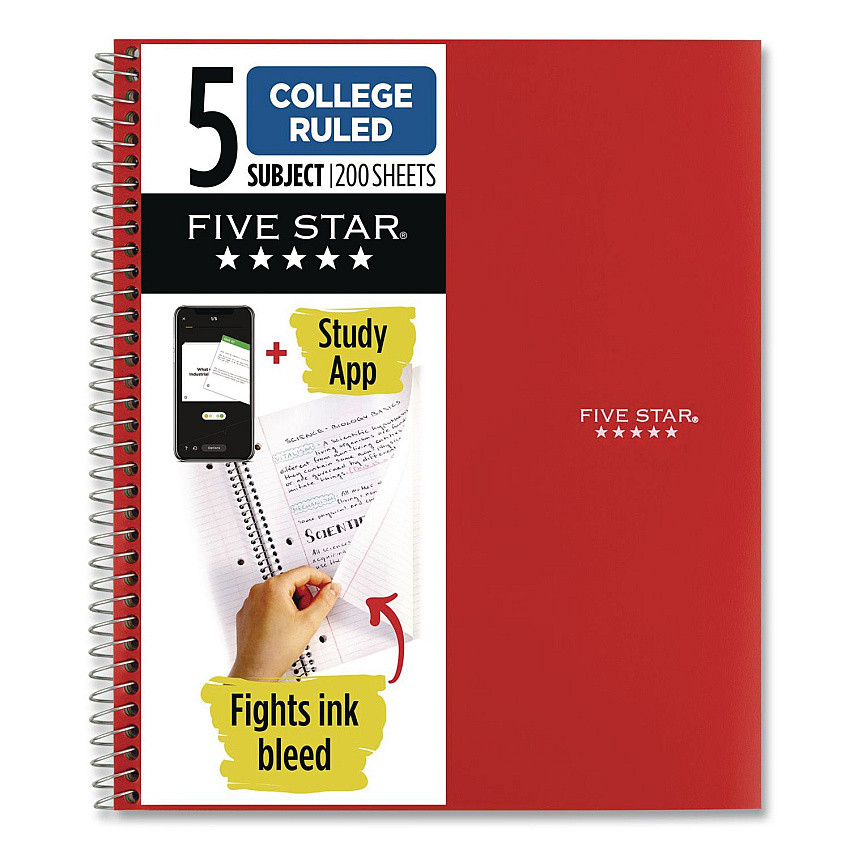 Five Star Wirebound Notebook, 5-Subject, Medium/College Rule, Fire Red Cover, (200) 11 x 8.5 Sheets (72077)
