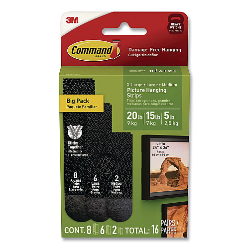 Command Damage-Free Hanging Picture Hanging Strip Pairs, (8) XL (0.86 x 4.37), (6) L (0.75" x 3.65"), (2) Med (0.75 x 2.75), Black (17218BLK16ES)