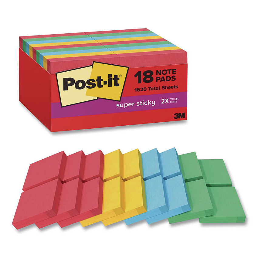 Post-it Pads in Playful Primary Collection Colors, 1.88" x 1.88", Assorted Colors, 90 Sheets/Pad, 18 Pads/Pack (62218SSANCP)