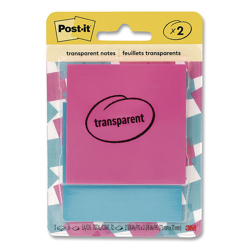 Post-it Transparent Notes, 2.88" x 2.88", Assorted Colors, 36 Sheets/Pad, 2 Pads/Pack (6002COL)