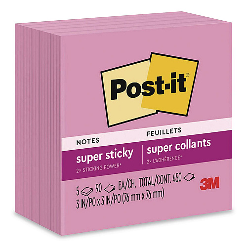 Post-it Pads in Energy Boost Colors, 3" x 3", Tropical Pink, 90 Sheets/Pad, 5 Pads/Pack (6545SSNP)