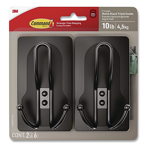 Command Decorative X-Large Triple Hooks, Metal, Matte Black, Supports 10 lb, 2/Pack (17038MB2ES)