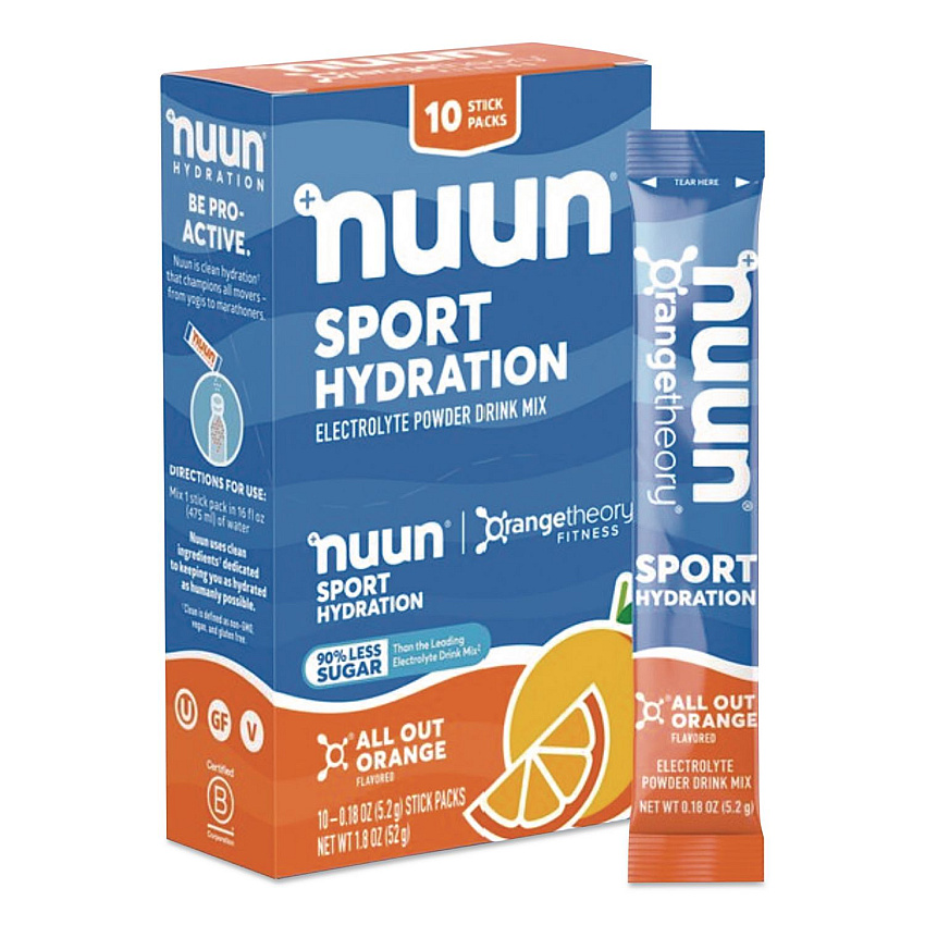 nuun Sport Hydration Electrolyte Powder Drink Mix, All Out Orange, 0.18 oz Stick, 10/Box (02403)