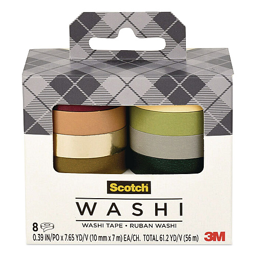 Scotch Washi Tape, Solid Earth, 0.39" x 7.69 yd, Assorted Colors/Finishes, 8 Rolls/Pack (C10178SOL3)