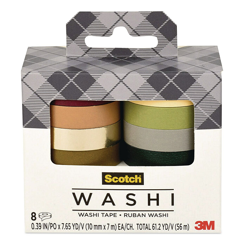 Scotch Washi Tape, Solid Earth, 0.39" x 7.69 yd, Assorted Colors/Finishes, 8 Rolls/Pack (C10178SOL3)