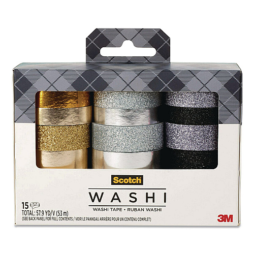 Scotch Washi Glitter Metallic Tape, Black/Gold/Silver, Assorted Sizes/Colors/Finishes, 15 Rolls/Pack (C101715P6)