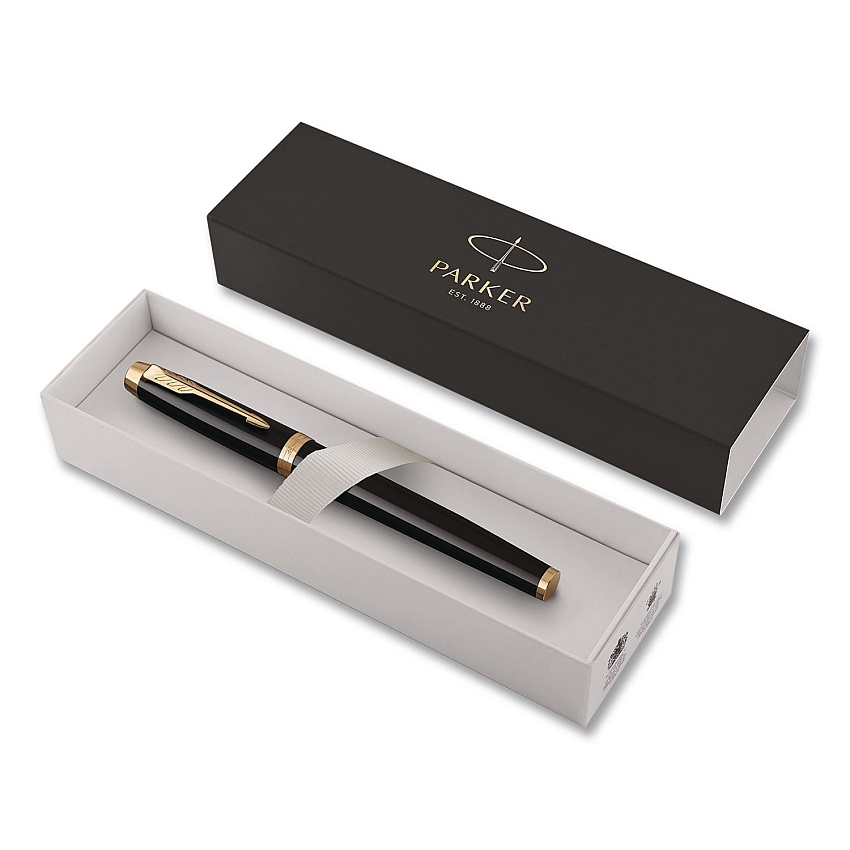 Parker IM Fountain Pen with Gift Box, Medium Fountain Nib, Blue Ink, Black Lacquer/Gold Barrel (1931645)