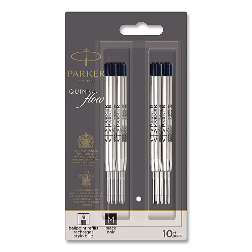 Quinkflow Refill for Parker Ballpoint Pen, Medium Conical Tip, Black Ink, 10/Pack (2119153)