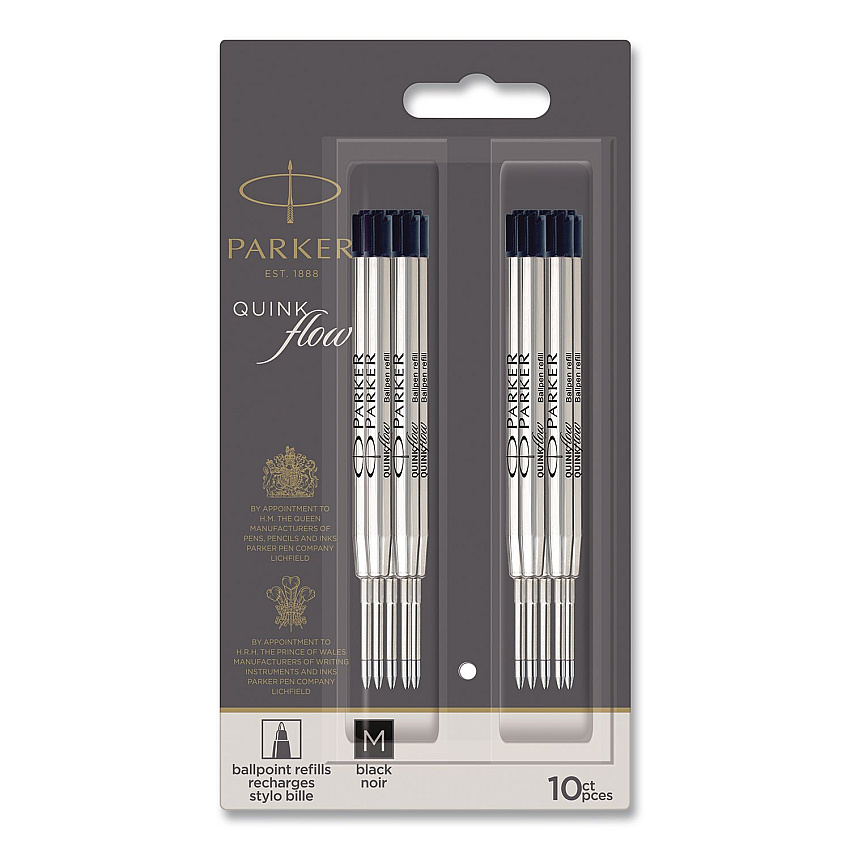 Quinkflow Refill for Parker Ballpoint Pen, Medium Conical Tip, Black Ink, 10/Pack (2119153)