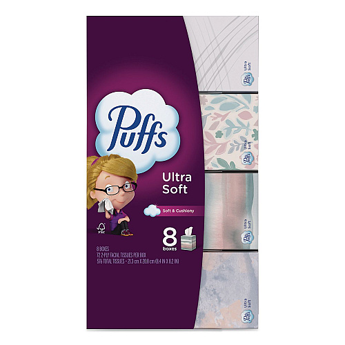 Puffs Ultra Soft Facial Tissue, 2-Ply, White, 72 Sheets/Box, 8 Boxes/Pack (61971)
