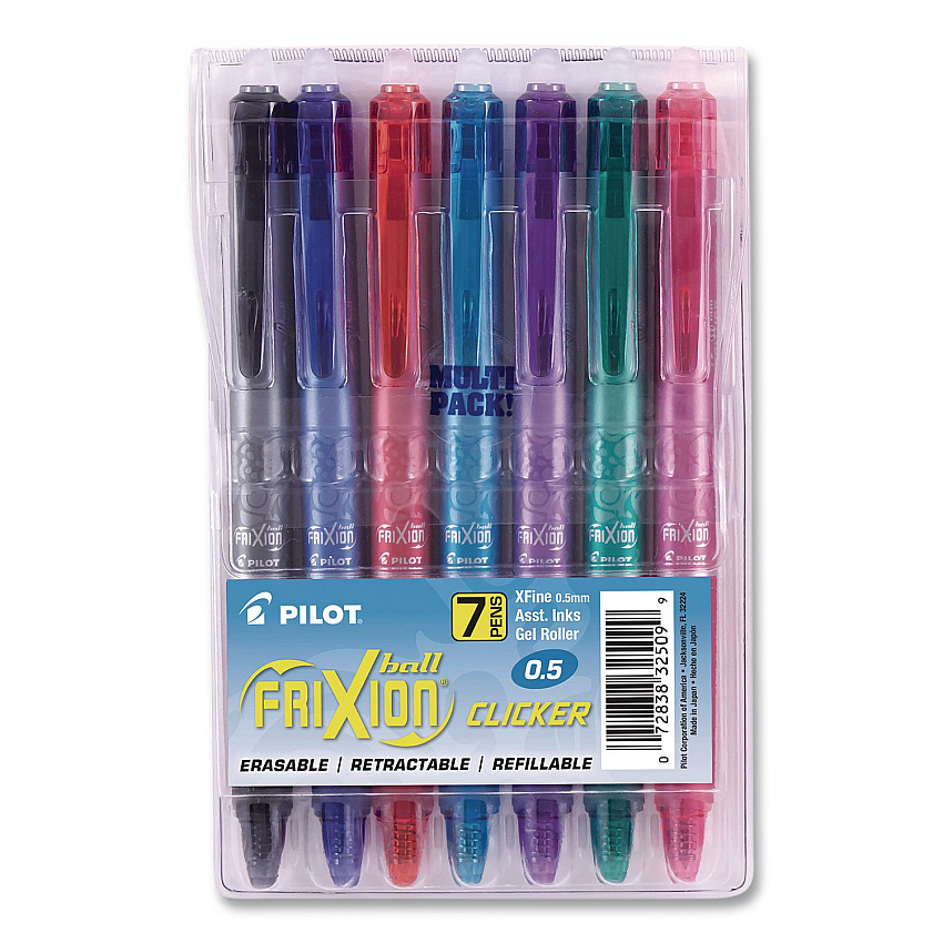 Pilot FriXion Ball Clicker Erasable Gel Pen, Retractable, Extra-Fine 0.5 mm, Assorted Ink and Barrel Colors, 7/Pack (32509)