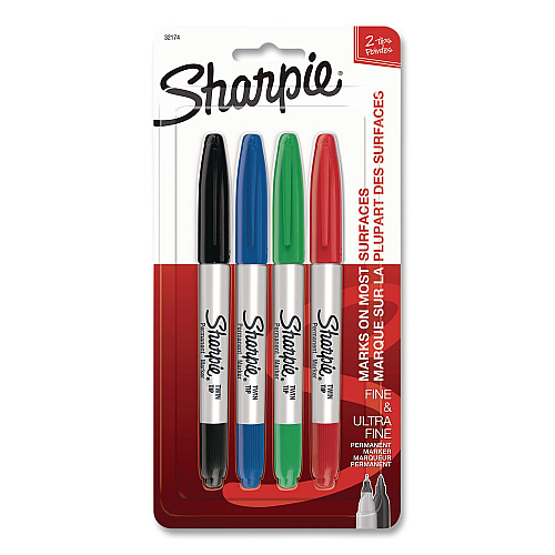 Sharpie Twin-Tip Permanent Marker, Extra-Fine/Fine Tip, Assorted Colors, 4/Pack (32174)