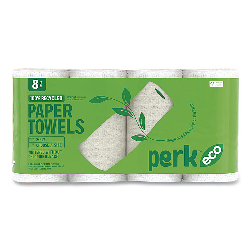 Perk Eco Recycled Paper Towels, 2-Ply, 11 x 5.9, White, 156 Sheets/Roll, 8 Rolls/Pack (PK63227)
