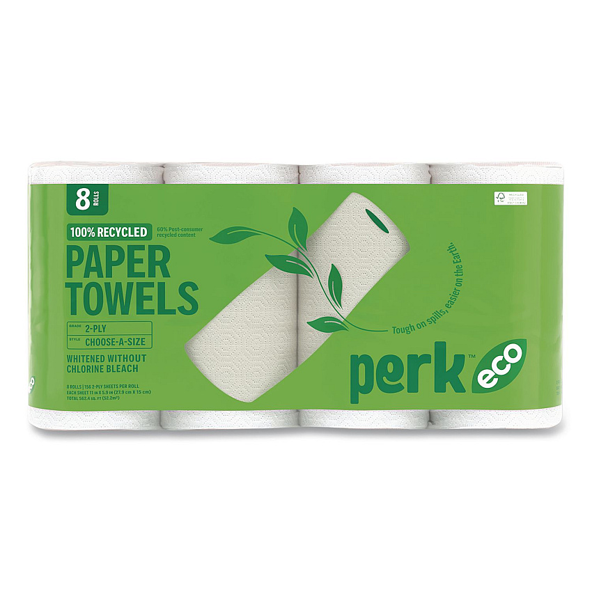 Perk Eco Recycled Paper Towels, 2-Ply, 11 x 5.9, White, 156 Sheets/Roll, 8 Rolls/Pack (PK63227)
