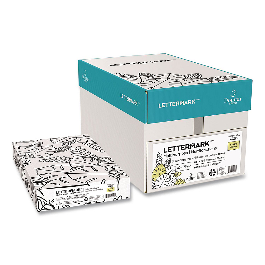 Lettermark Colors 30% Recycled Multipurpose Color Paper, 20 lb Bond Weight, 8.5 x 14, Canary, 500 Sheets/Ream, 10 Reams/Carton (94292RMCT)