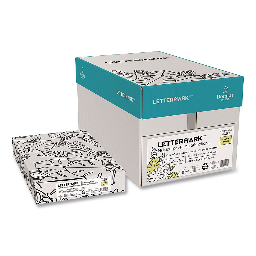 Lettermark Colors 30% Recycled Multipurpose Color Paper, 20 lb Bond Weight, 11 x 17, Canary, 500 Sheets/Ream, 5 Reams/Carton (94293RMCT)