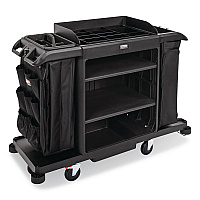 Rubbermaid Commercial Full Size Housekeeping Cart with Accessory Bundle, Resin, 3 Shelves, 2 Bins, 24.4 x 62.4 x 49, Black (2202527)