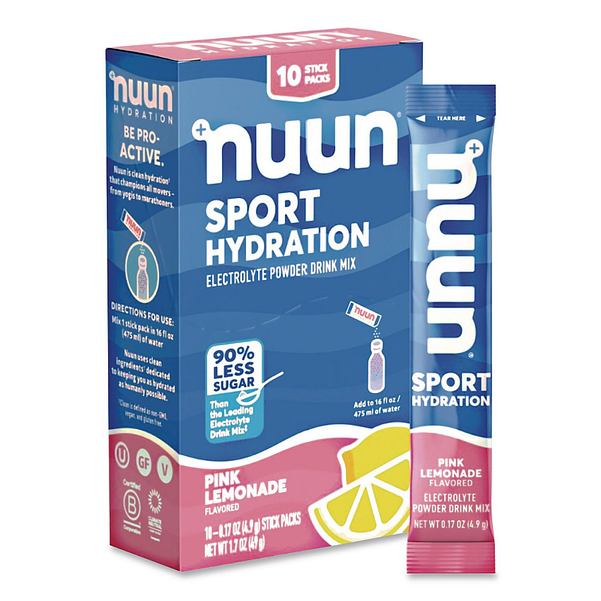 nuun Sport Hydration Electrolyte Powder Drink Mix, Pink Lemonade, 0.17 oz Stick, 10/Box (02392)