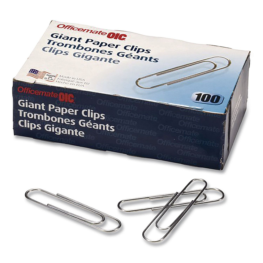 Officemate Giant Paper Clips, Jumbo, Smooth, Silver, 100/Box (633858)