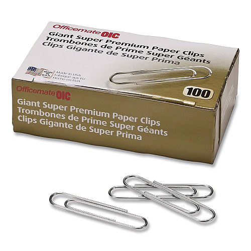 Officemate Super Premium Giant Paper Clips, Jumbo, Smooth, Silver, 100/Box, 10 Boxes/Carton (659939)