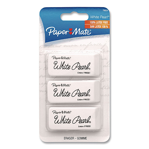 Paper Mate White Pearl Latex-Free Plastic Eraser, For Pencil Marks, Rectangular Block, White, 3/Pack (70624)