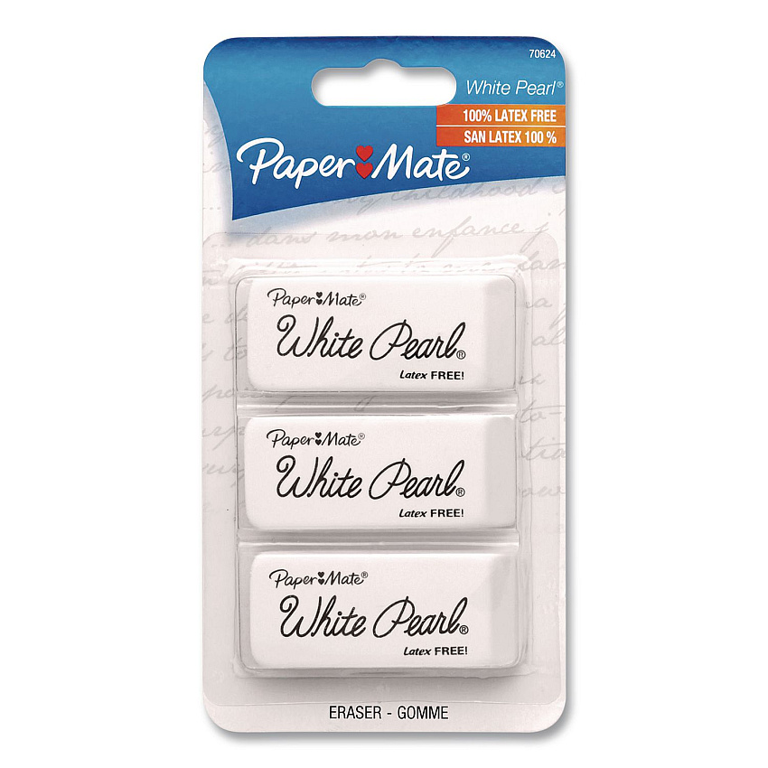 Paper Mate White Pearl Latex-Free Plastic Eraser, For Pencil Marks, Rectangular Block, White, 3/Pack (70624)