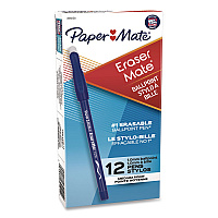 Paper Mate Eraser Mate Ballpoint Pen, Stick, Medium 1 mm, Blue Ink, Blue Barrel, Dozen (3910158)