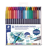Staedtler Double-Ended Watercolor Brush Pens, Fine (0.5 to 0.8 mm) and Medium (0.6 to 1 mm) Brush Tips, Assorted Colors, 36/Set (3001TB3602)