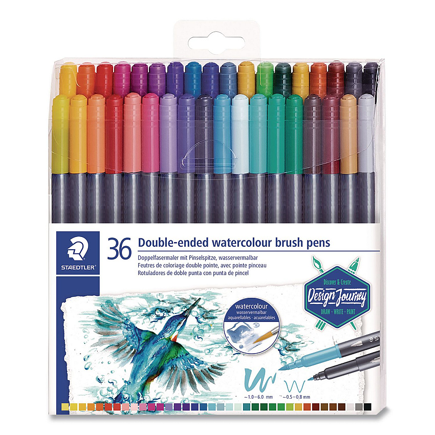 Staedtler Double-Ended Watercolor Brush Pens, Fine (0.5 to 0.8 mm) and Medium (0.6 to 1 mm) Brush Tips, Assorted Colors, 36/Set (3001TB3602)