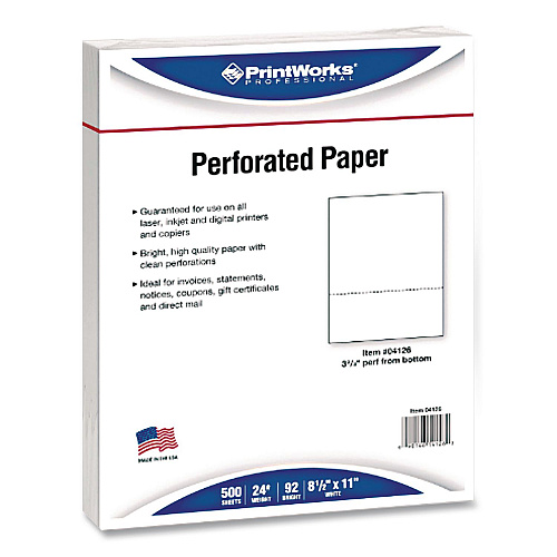 Printworks Professional Perforated Paper, 92 Bright, Perforated 3.67 from Bottom, 24 lb Bond Weight, 8.5 x 11, White, 500 Sheets/Ream, 5 Reams/Carton (04126)