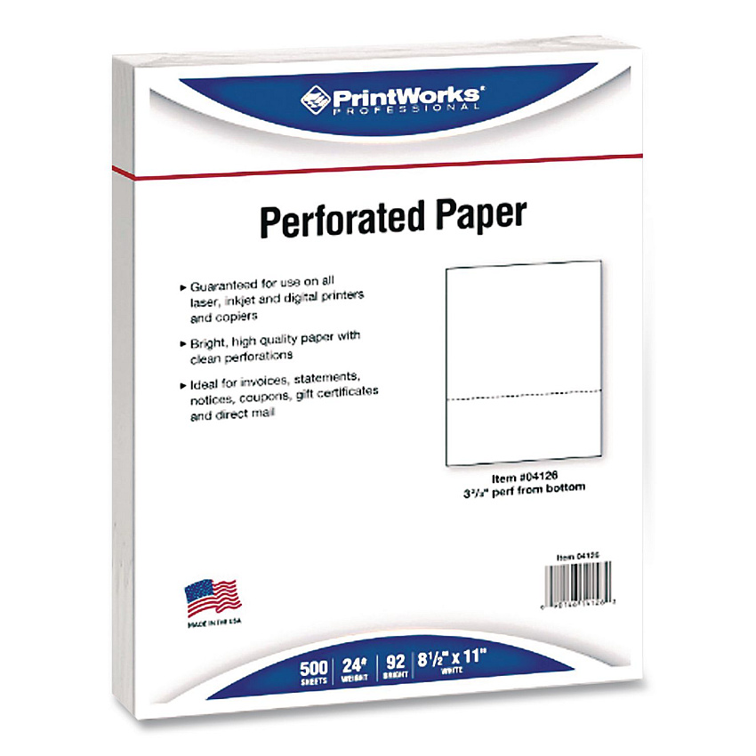 Printworks Professional Perforated Paper, 92 Bright, Perforated 3.67 from Bottom, 24 lb Bond Weight, 8.5 x 11, White, 500 Sheets/Ream, 5 Reams/Carton (04126)