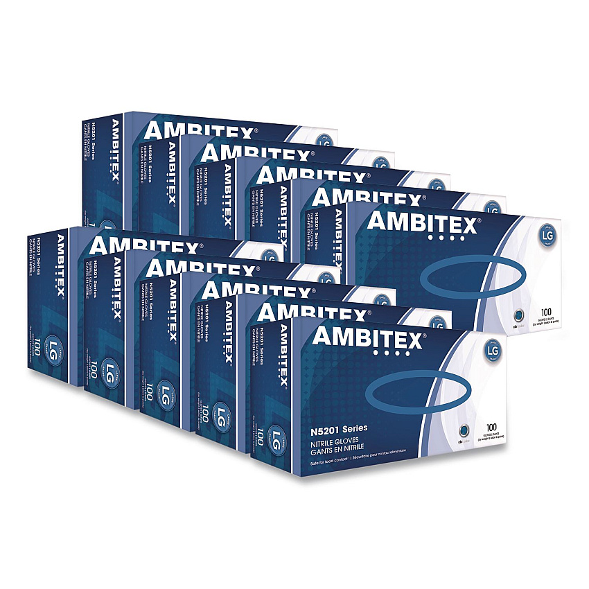 AMBITEX N5201 Series Powder-Free Nitrile Gloves, Large, 9" Long, Blue, 100/Box, 10 Boxes/Carton (NLG5201CT)