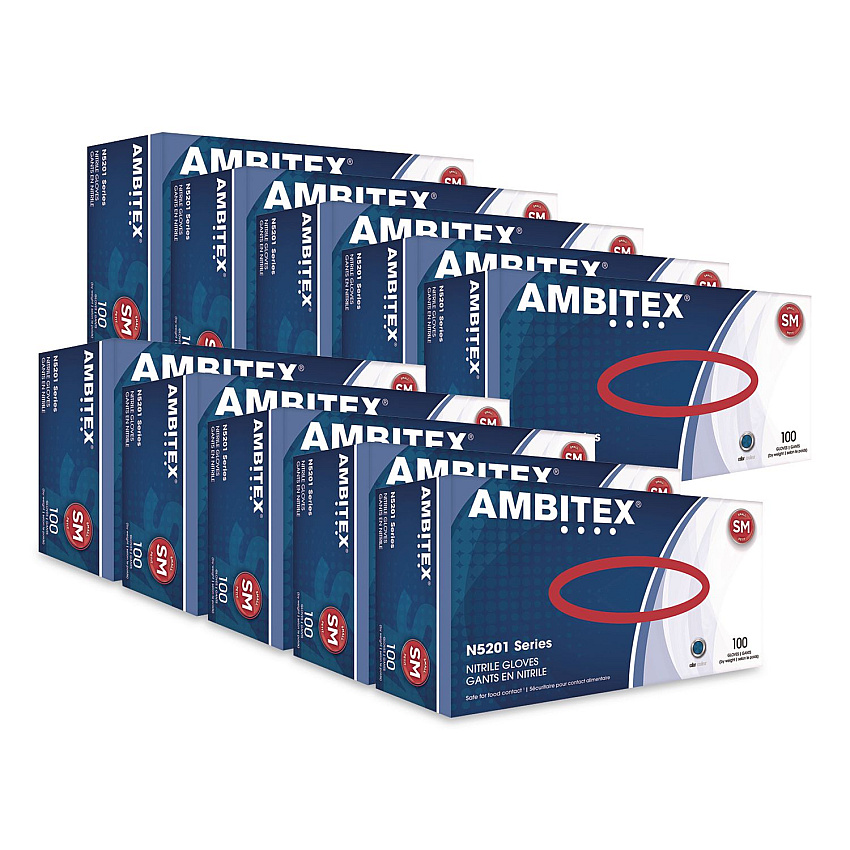 AMBITEX N5201 Series Powder-Free Nitrile Gloves, Small, 9" Long, Blue, 100/Box, 10 Boxes/Carton (NSM5201CT)