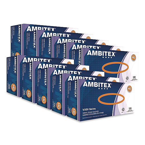 AMBITEX V200 Series Powder-Free Vinyl Exam Gloves, Medium, 4 mil Thick, 9" Long, Clear, 100/Box, 10 Boxes/Carton (VMD200CT)