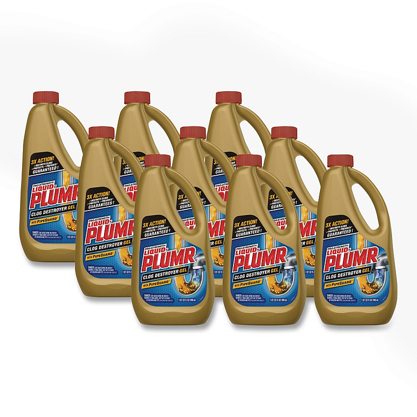 Liquid Plumr Pro-Strength Full Clog Destroyer Plus PipeGuard, 32 oz Bottle, 9/Carton (00243)