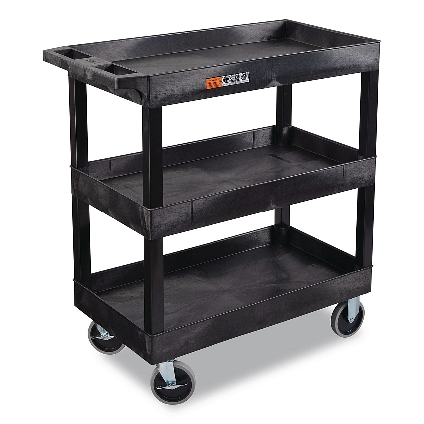 Luxor TUFFY XL Three-Shelf Heavy-Duty Multipurpose Utility Cart, Plastic, 375 lb Capacity, 35.25" x 18" x 37.25", Black (EC111HDB)