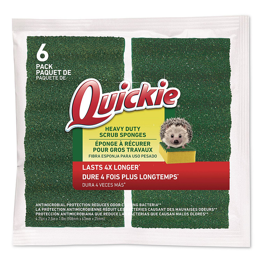 Quickie Heavy-Duty Scrubber Sponge, 4 x 2.5, 1" Thick, Yellow/Green, 6/Pack (2052220)