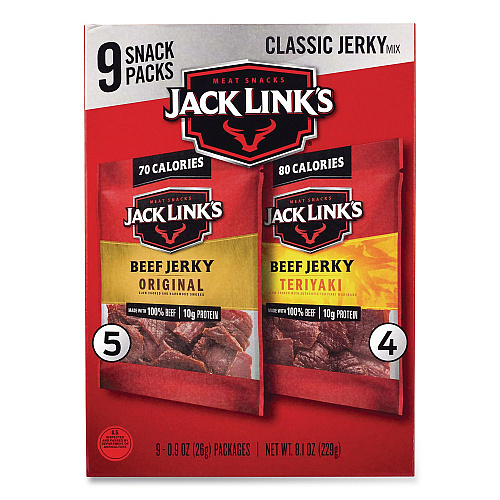 Jack Links Beef Jerky Variety Pack, Original/Teriyaki, 8.1 oz Bag, 9/Carton (22002688)