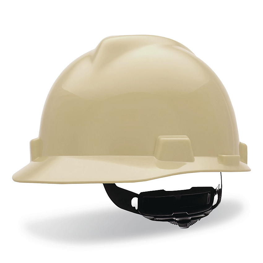 MSA V-Gard Hard Hats, Vented, Front Brim, Fas-Trac III Ratchet Suspension, One Size Fits Most (6.5 to 8), Light Buff (495856)