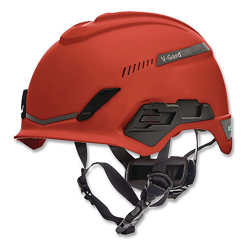 MSA V-Gard H1 Safety Helmet, Vented, Brimless, Fas-Trac III Pivot Ratchet Suspension, One Size Fits Most (6.5 to 8), Red (10194784)