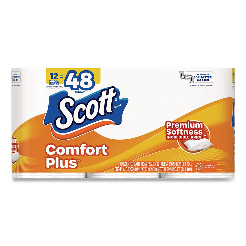 Scott ComfortPlus Toilet Paper Mega Rolls, Septic Safe, 1-Ply, White, 310 Sheets, 12 Mega Rolls/Carton (57098)