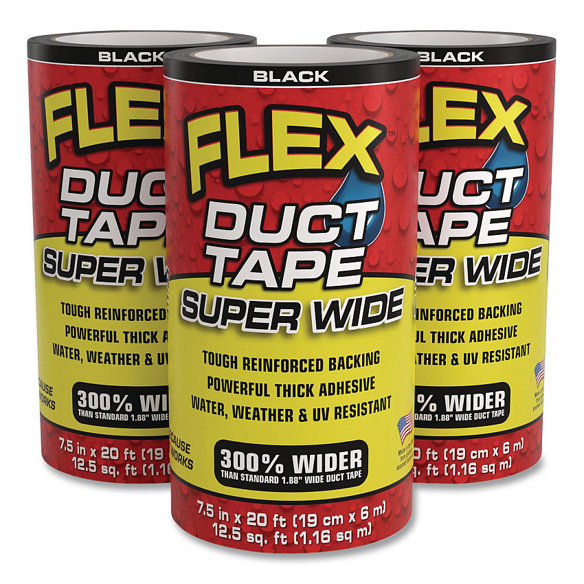 Flex Seal Flex Super Wide Duct Tape, 4" Core, 39 mil Thick, 7.5" x 20 ft, Black, 3/Carton (DTBLKR7520)
