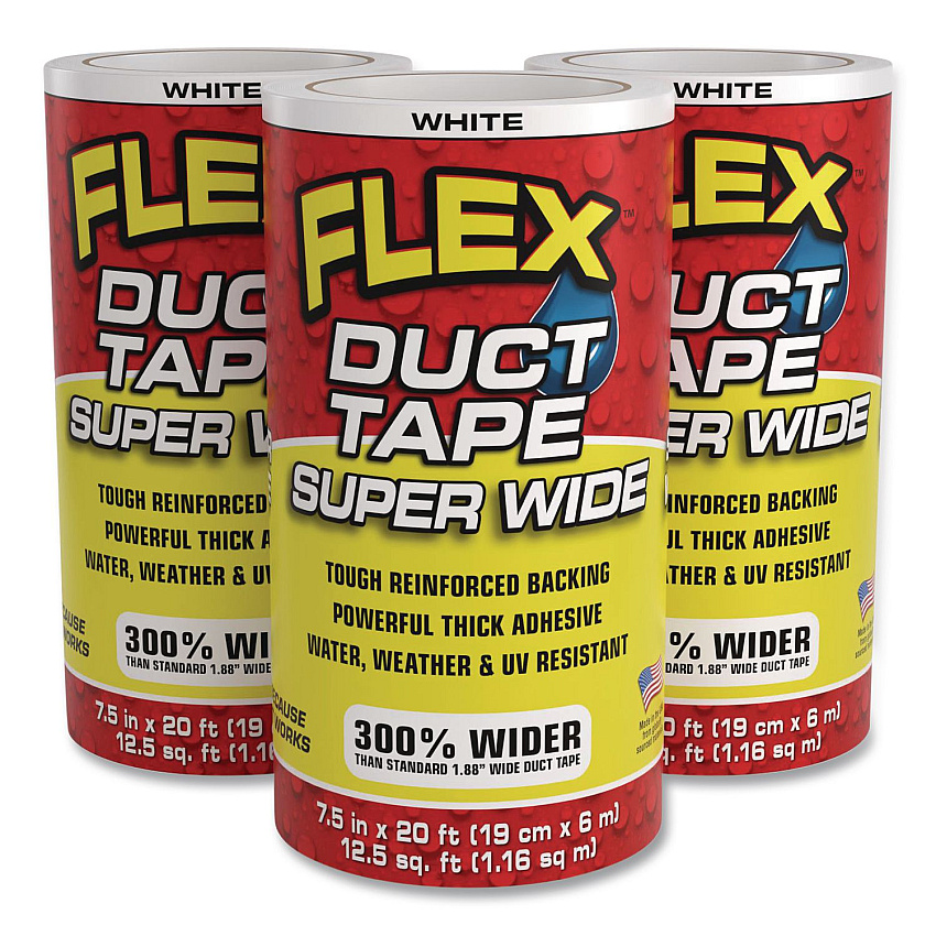 Flex Seal Flex Super Wide Duct Tape, 4" Core, 39 mil Thick, 7.5" x 20 ft, White, 3/Carton (DTWHTR7520)
