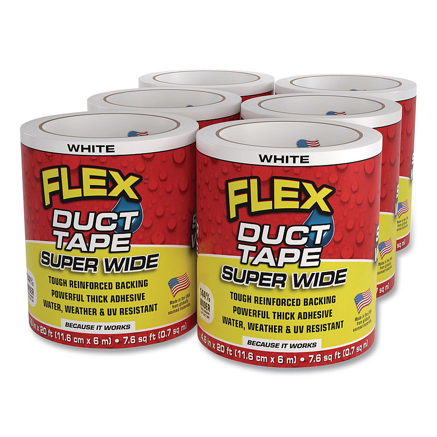 Flex Seal Flex Super Wide Duct Tape, 4" Core, 39 mil Thick, 4.6" x 20 ft, White, 6/Carton (DTWHTR4620)