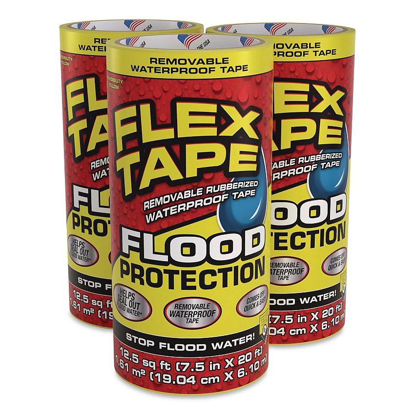 Flex Seal Flex Tape Removable Rubberized Waterproof Flood Protection Tape, 7.5" x 20 ft, Yellow, 3/Carton (RTSYELR0820)
