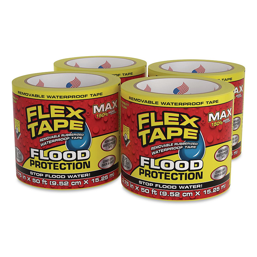 Flex Seal Flex Tape Removable Rubberized Waterproof Flood Protection Tape, 3.75" x 50 ft, Yellow, 4/Carton (RTSYELR0450)